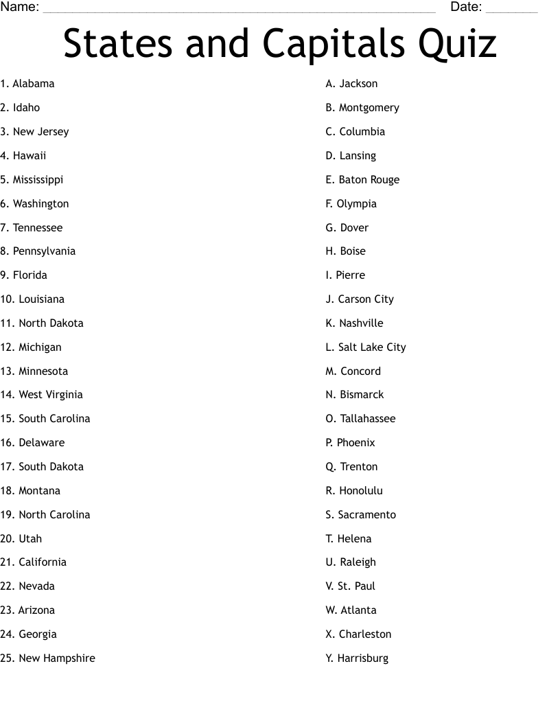 States And Capitals Quiz Worksheet WordMint States And Capitals Quiz Worksheet WordMint