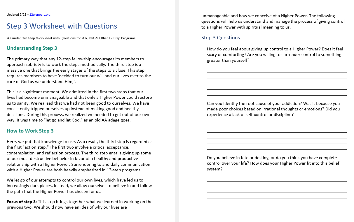 Step 3 Worksheet With Questions Free PDF Download Print 12 Steppers