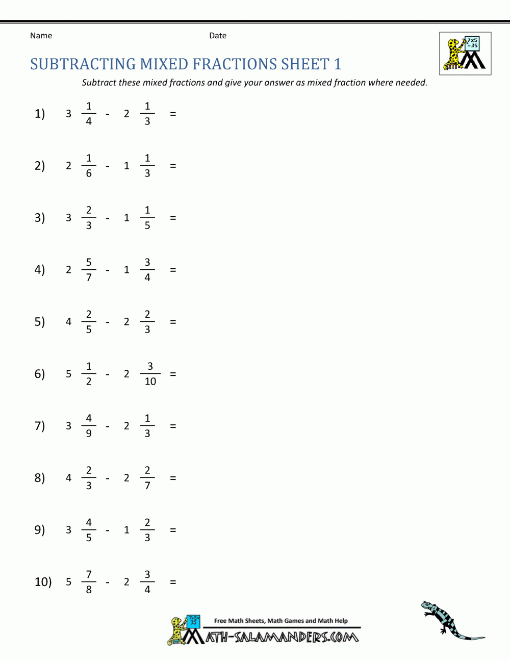 Subtracting Fractions Worksheets Subtracting Fractions Worksheets