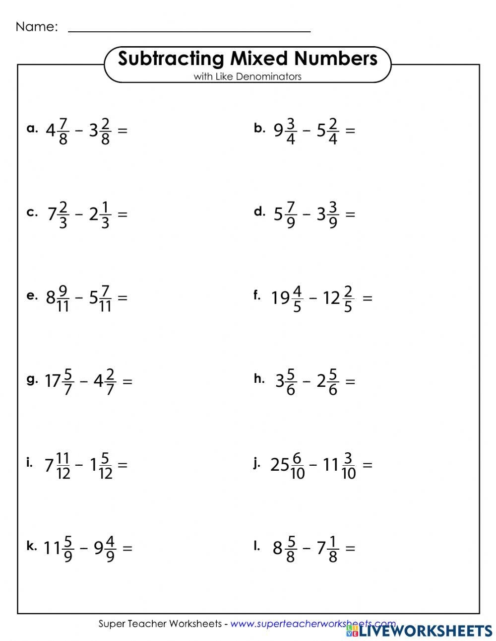 Subtracting Mixed Numbers W like Denominators 2 Online Exercise Worksheets Library Subtracting Mixed Numbers W like Denominators 2 Online Exercise Worksheets Library
