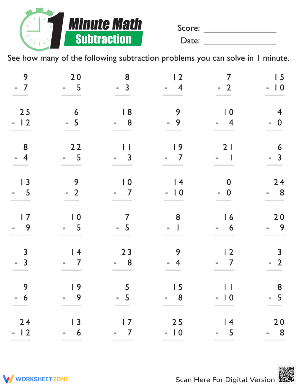 Subtraction Mad Minute Math Fun Worksheet