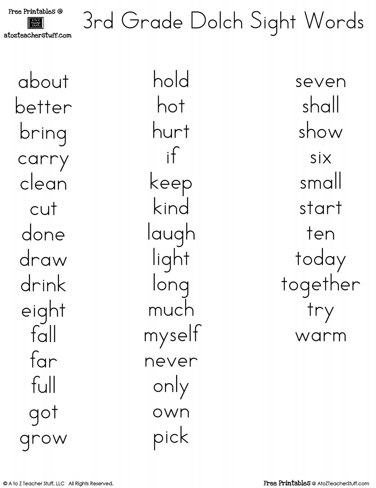 3rd Grade Dolch Sight Words