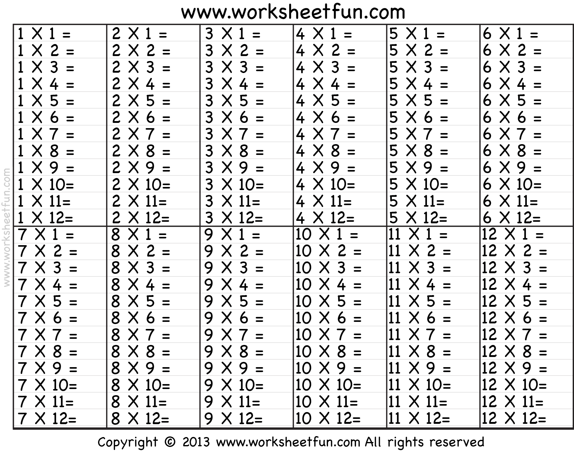 Multiplication Tables 1-12 Printable Worksheets