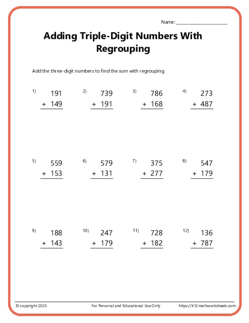 three digit addition worksheets