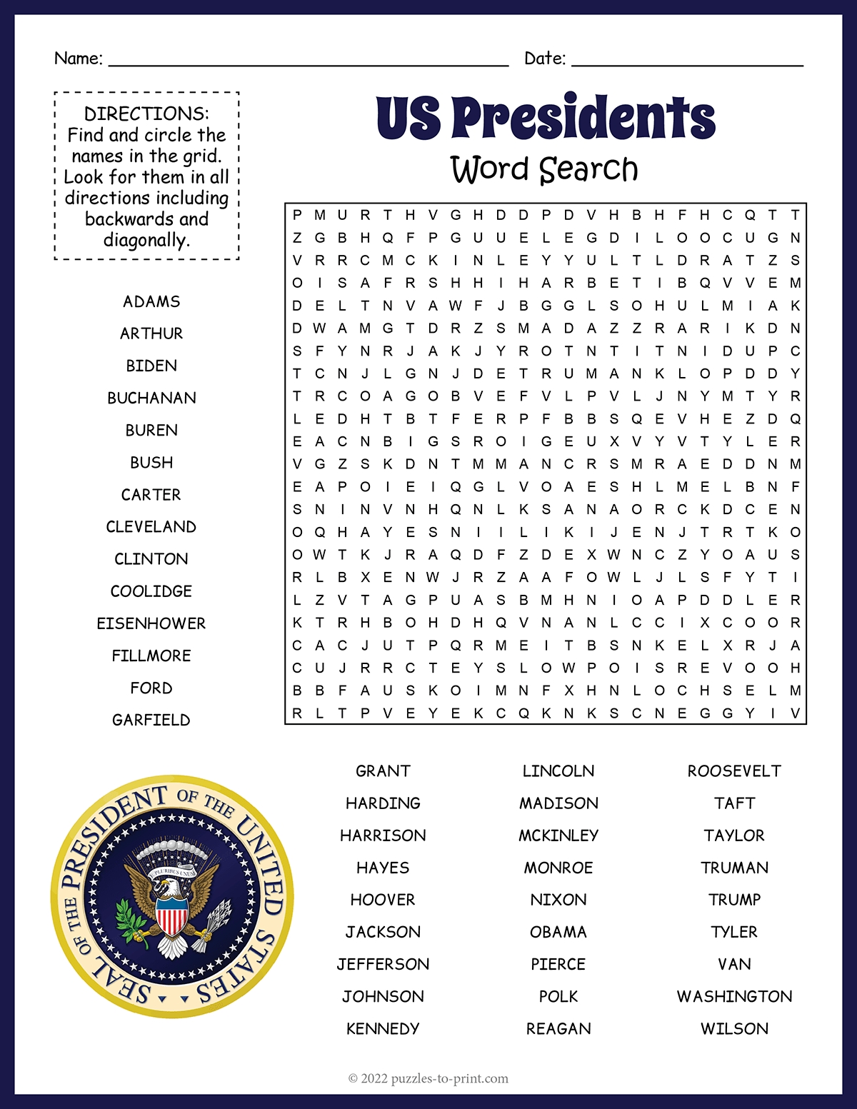 US Presidents Word Search US Presidents Word Search
