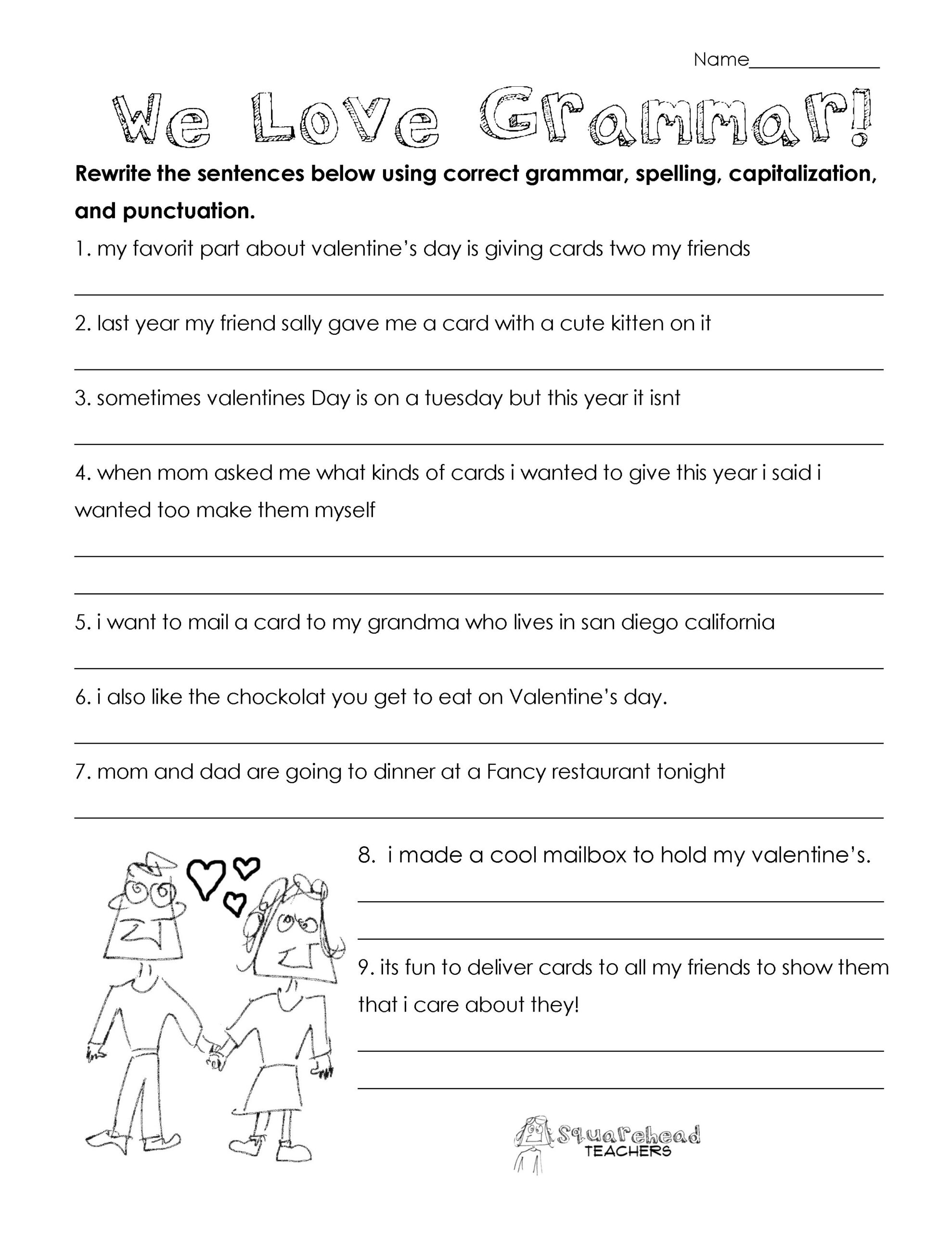 Valentine s Day Grammar free Worksheet For 3rd Grade And Up 