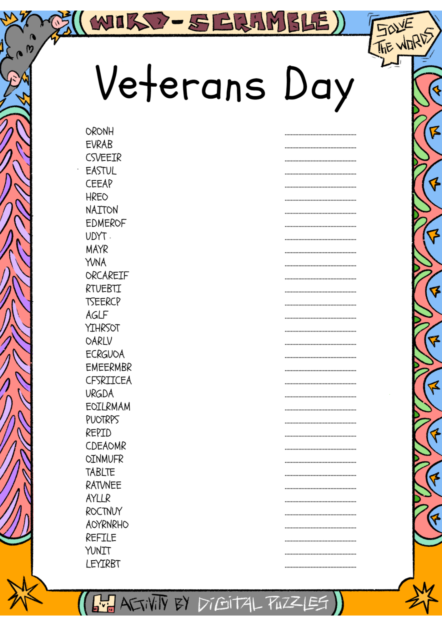 Veterans Day Word Scramble Puzzle Worksheet Activity Made By Teachers