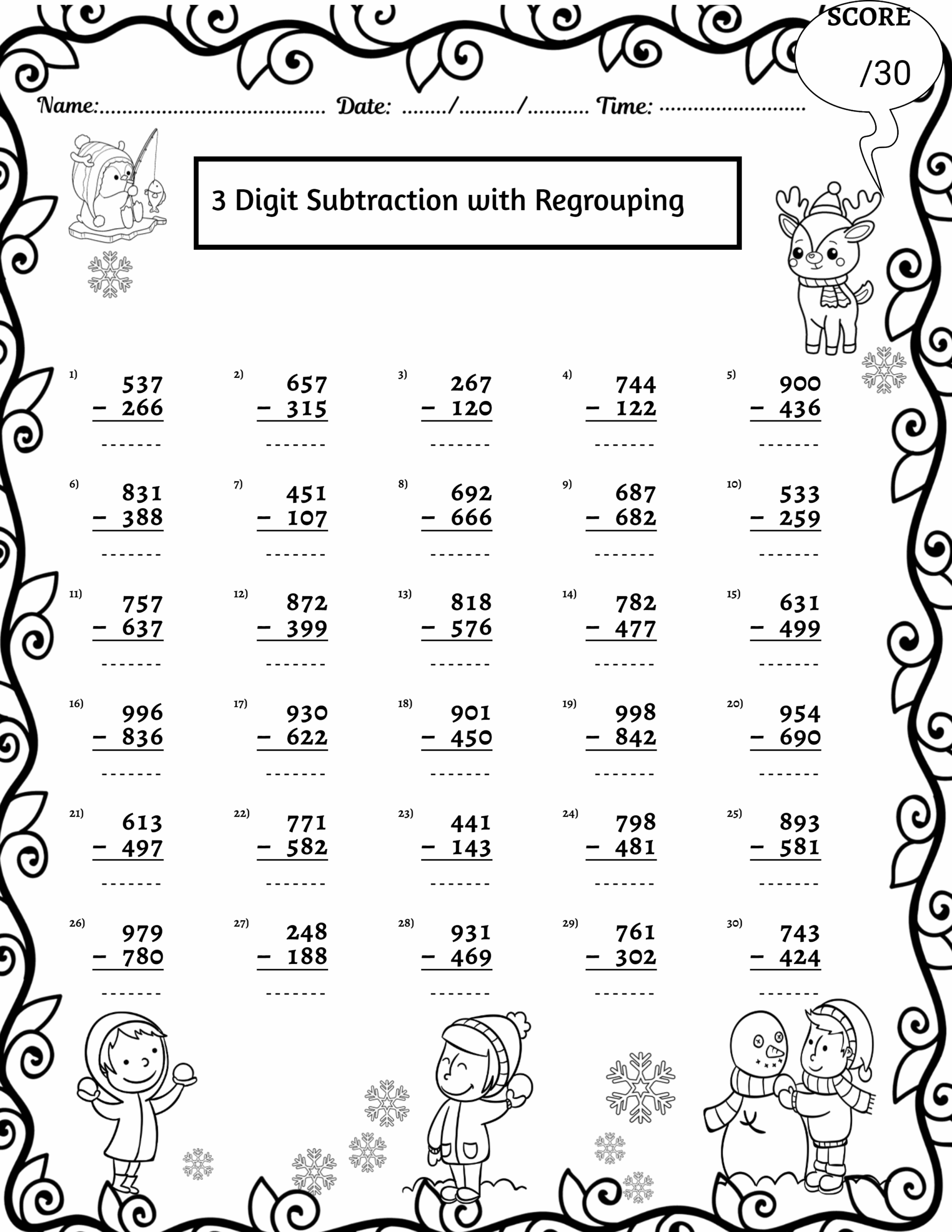 WINTER 3 Digit Addition And Subtraction With Without Regrouping Worksheets Made By Teachers