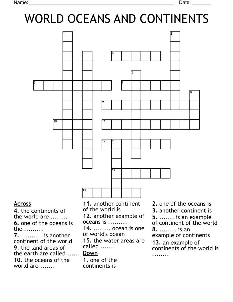 continents and oceans crossword continents and oceans crossword