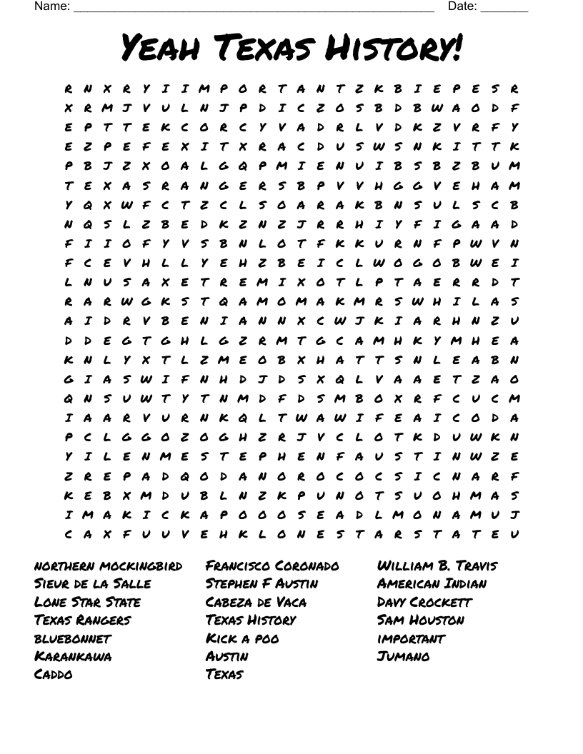 Yeah Texas History Word Search WordMint