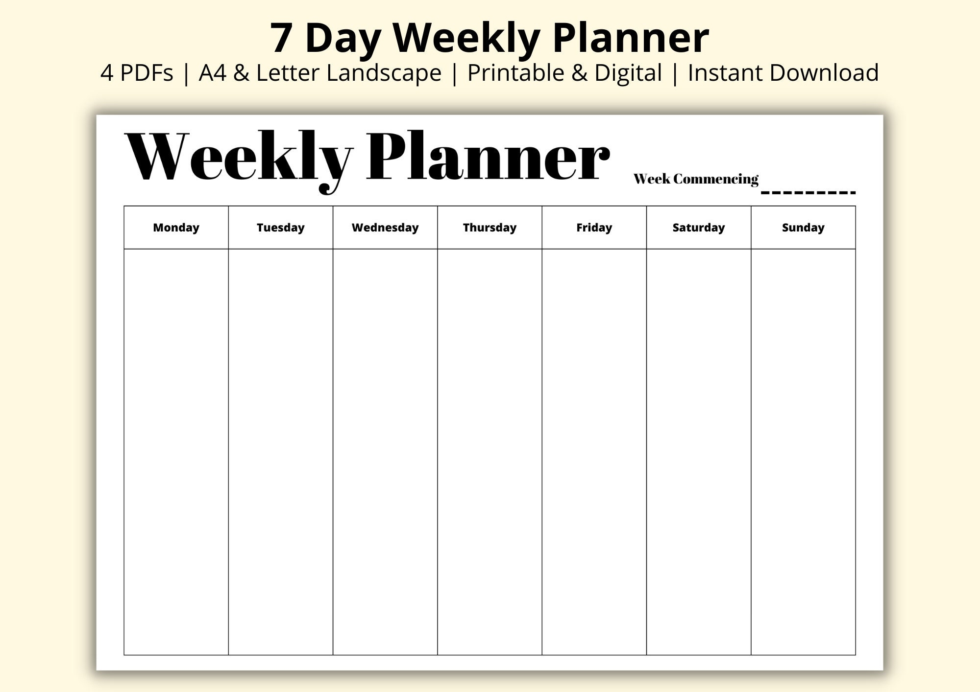 7 Day Weekly Planner Simple Weekly Overview Week At A Glance Weekly To Do List Landscape horizontal Digital printable A4 letter Etsy 7 Day Weekly Planner Simple Weekly Overview Week At A Glance Weekly To Do List Landscape horizontal Digital printable A4 letter Etsy