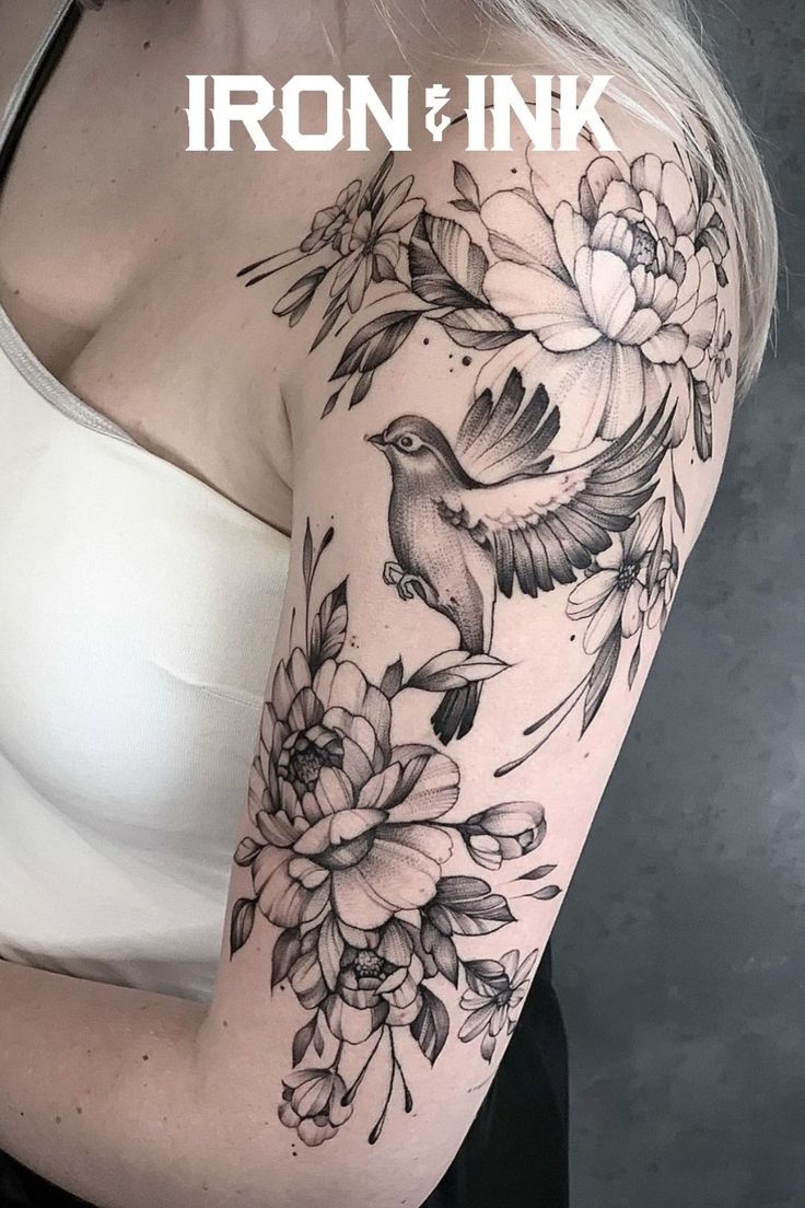 Fine Line Flower Tattoo With Bird Fine Line Flower Tattoo With Bird