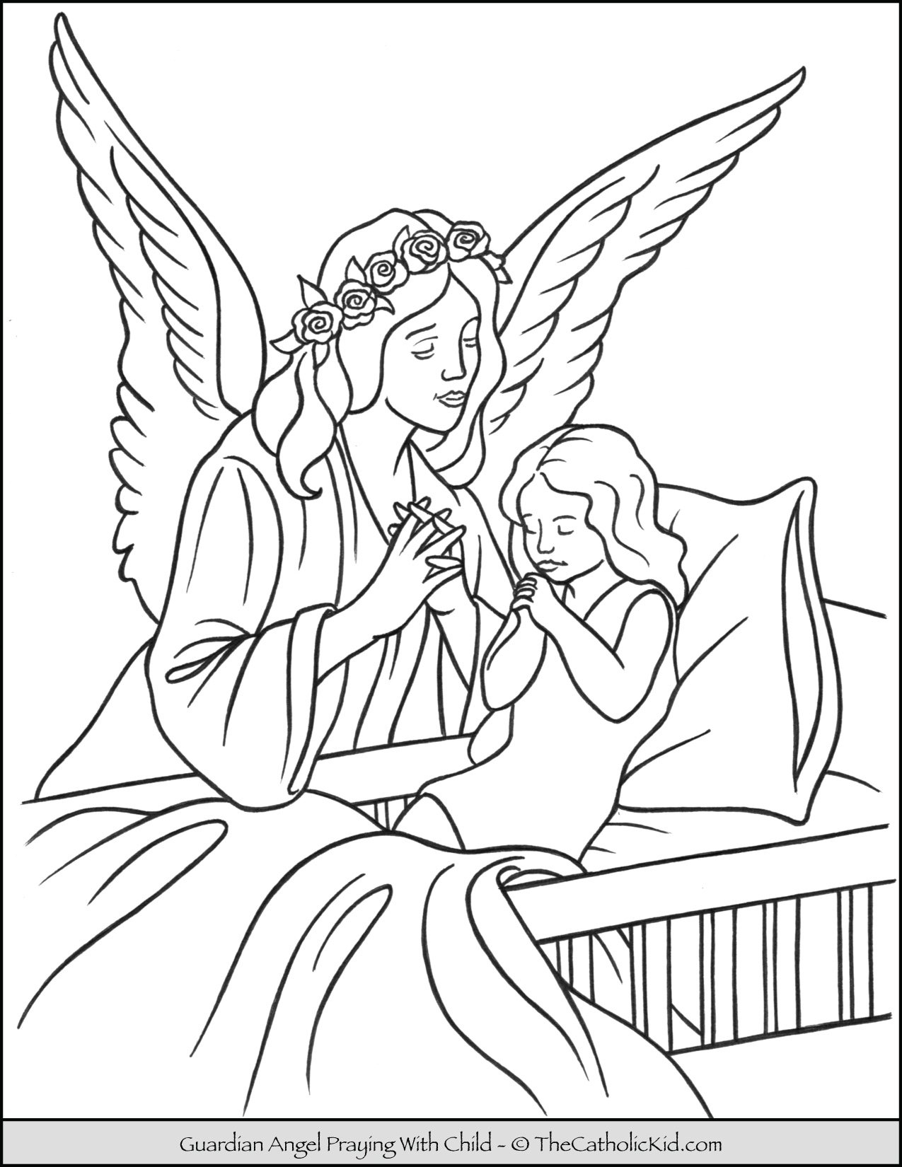 Guardian Angel And Child Praying At Bedtime Coloring Page TheCatholicKid