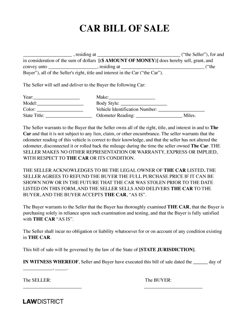 bill of sale for car example