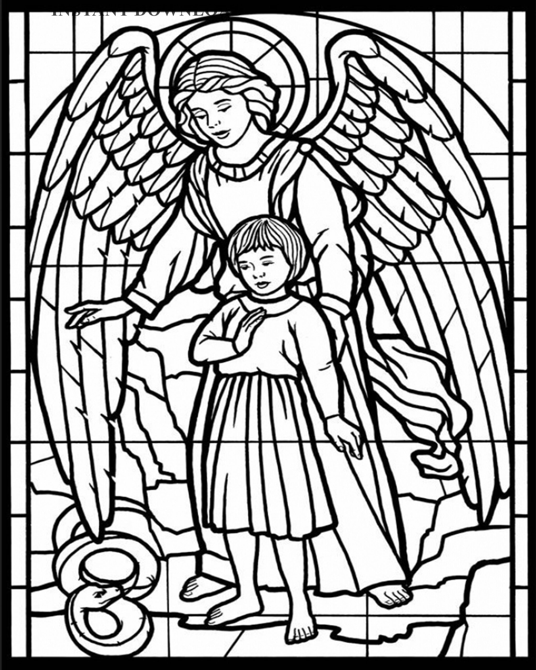Printable Angel And Child Stained Glass Coloring Page Digital Download 8 X 10 Sheet Etsy