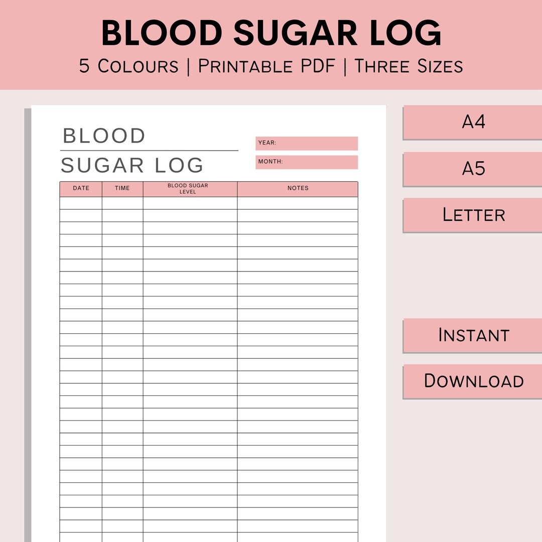 Blood Sugar Log Printable Blood Sugar Tracker Diabetic Log Blood Glucose Track Diabetes Spreadsheet Monitor PDF A4 A5 Letter Etsy