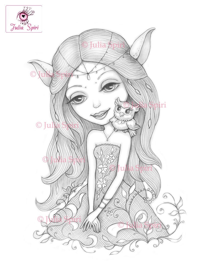 Elf Coloring Page Digital Stamp Digi Girl Nature Critter Elfin Fairy Sprite Fantasy Crafting Fairytale Whimsy Craft Keya Etsy