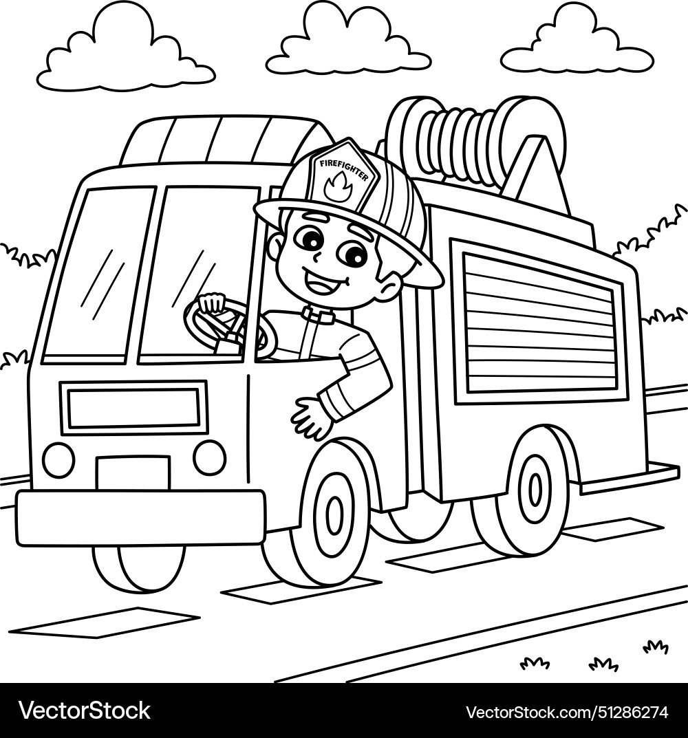 Firefighter Driving A Fire Truck Coloring Page Royalty Free Vector VectorStock Firefighter Driving A Fire Truck Coloring Page Royalty Free Vector VectorStock