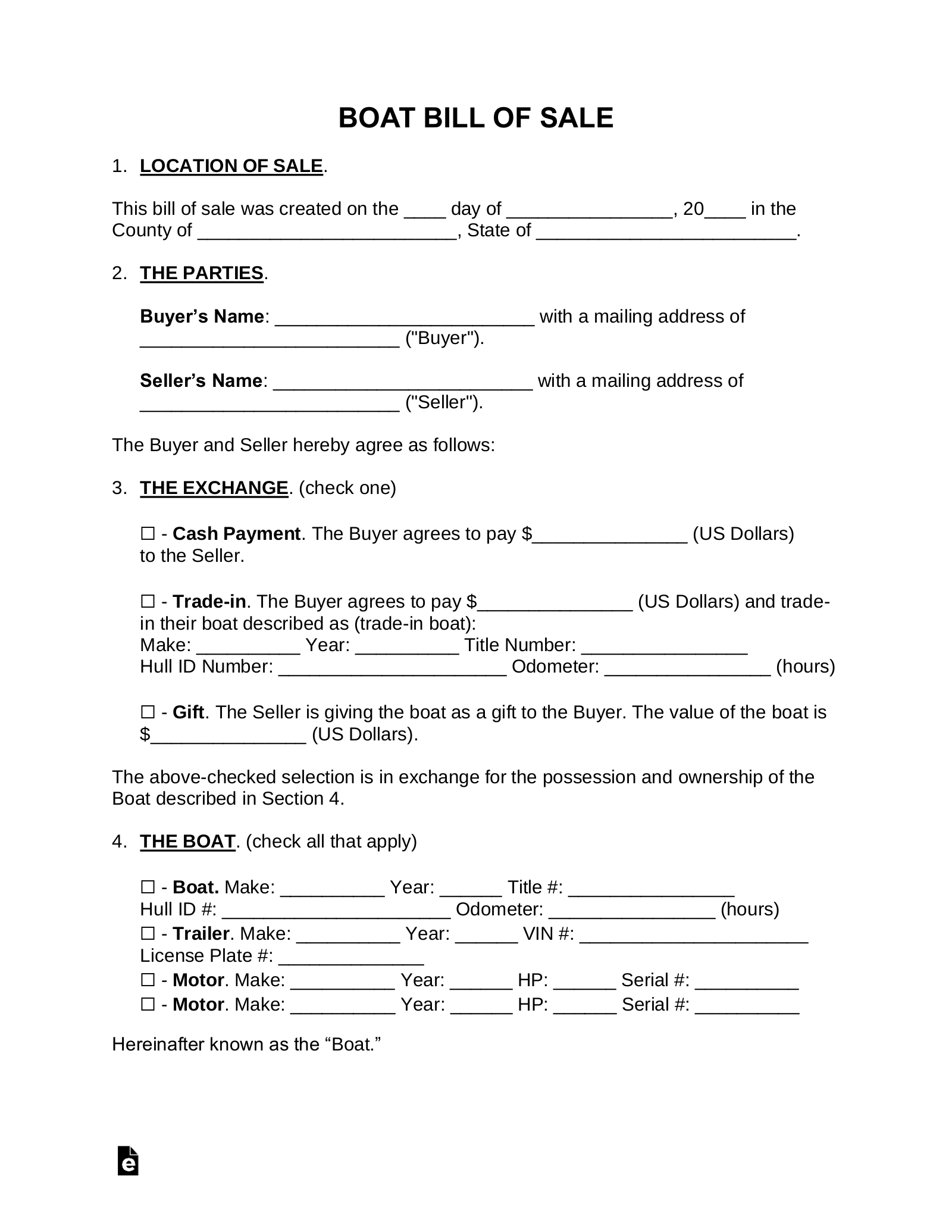 Printable Bill Of Sale For Boat
