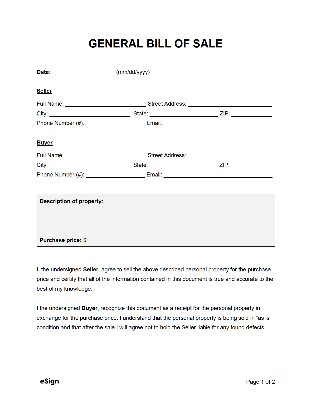 Simple Bill Of Sale Form