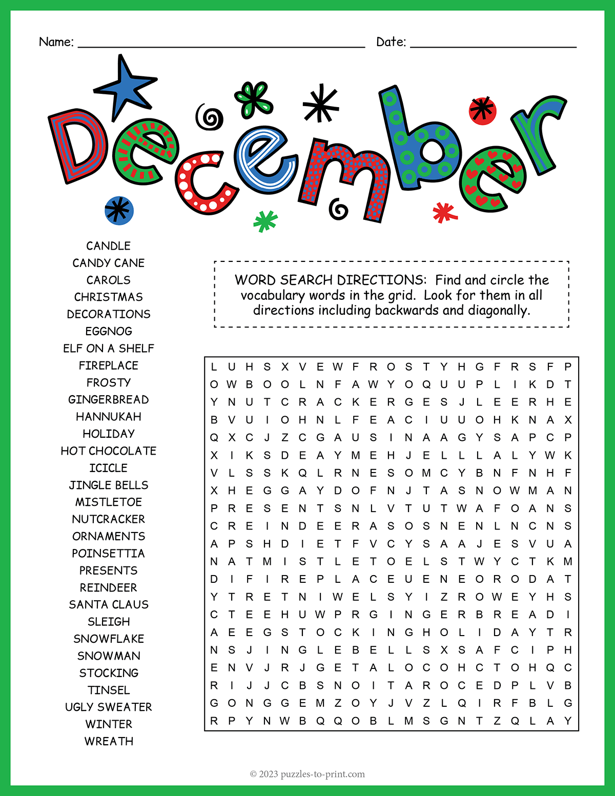 Free Printable December Word Search Free Printable December Word Search