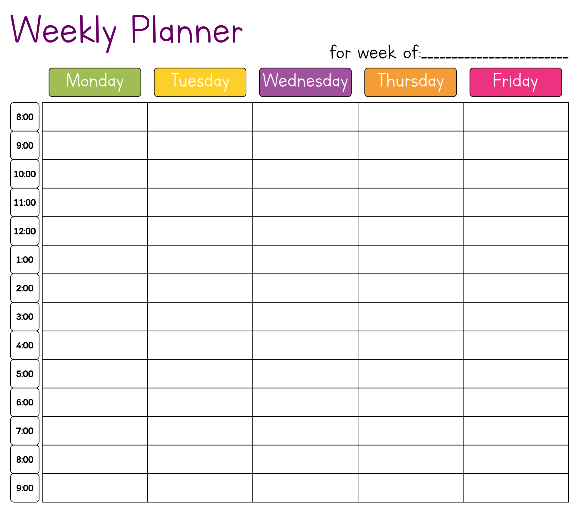 template for hourly weekly schedule