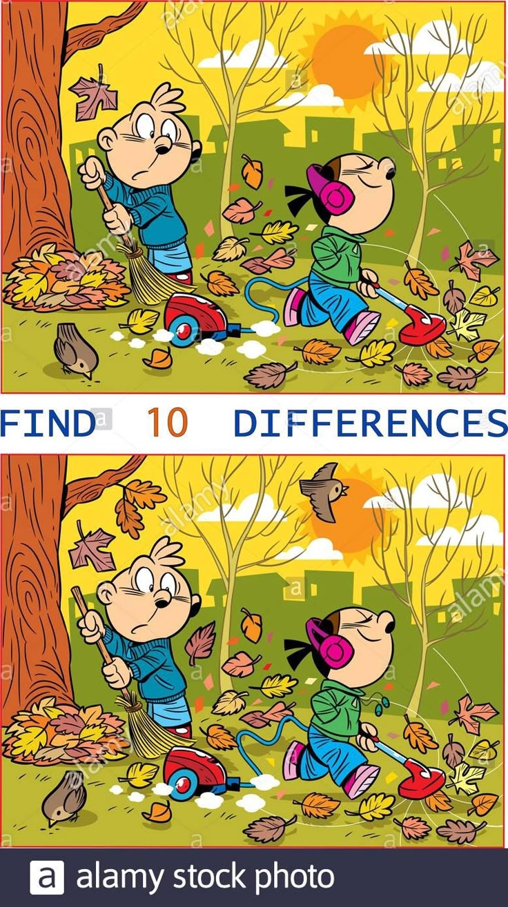 Illustration With A Puzzle Where You Need To Find Ten Differences In The Pictures With Children Removing Fallen Leaves Stock Vector Image Art Alamy