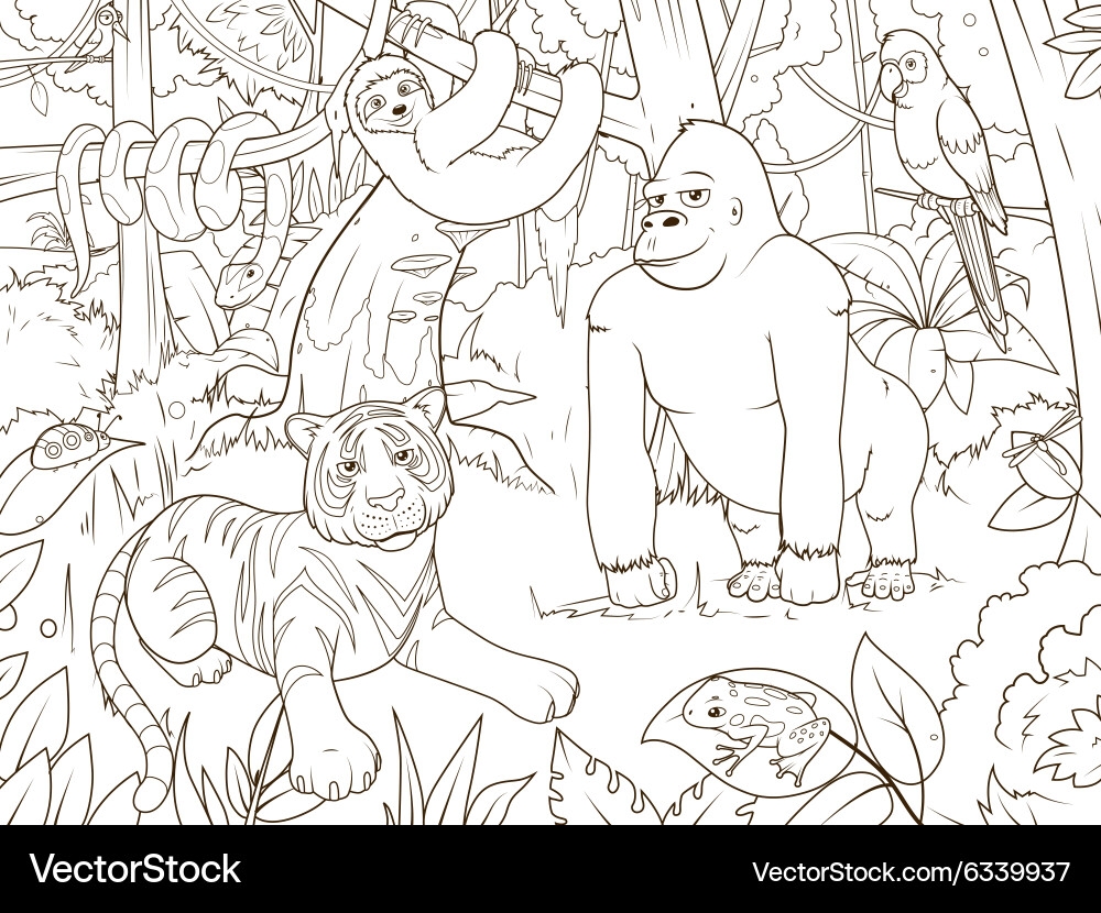 Jungle Animals Coloring Page Royalty Free Vector VectorStock