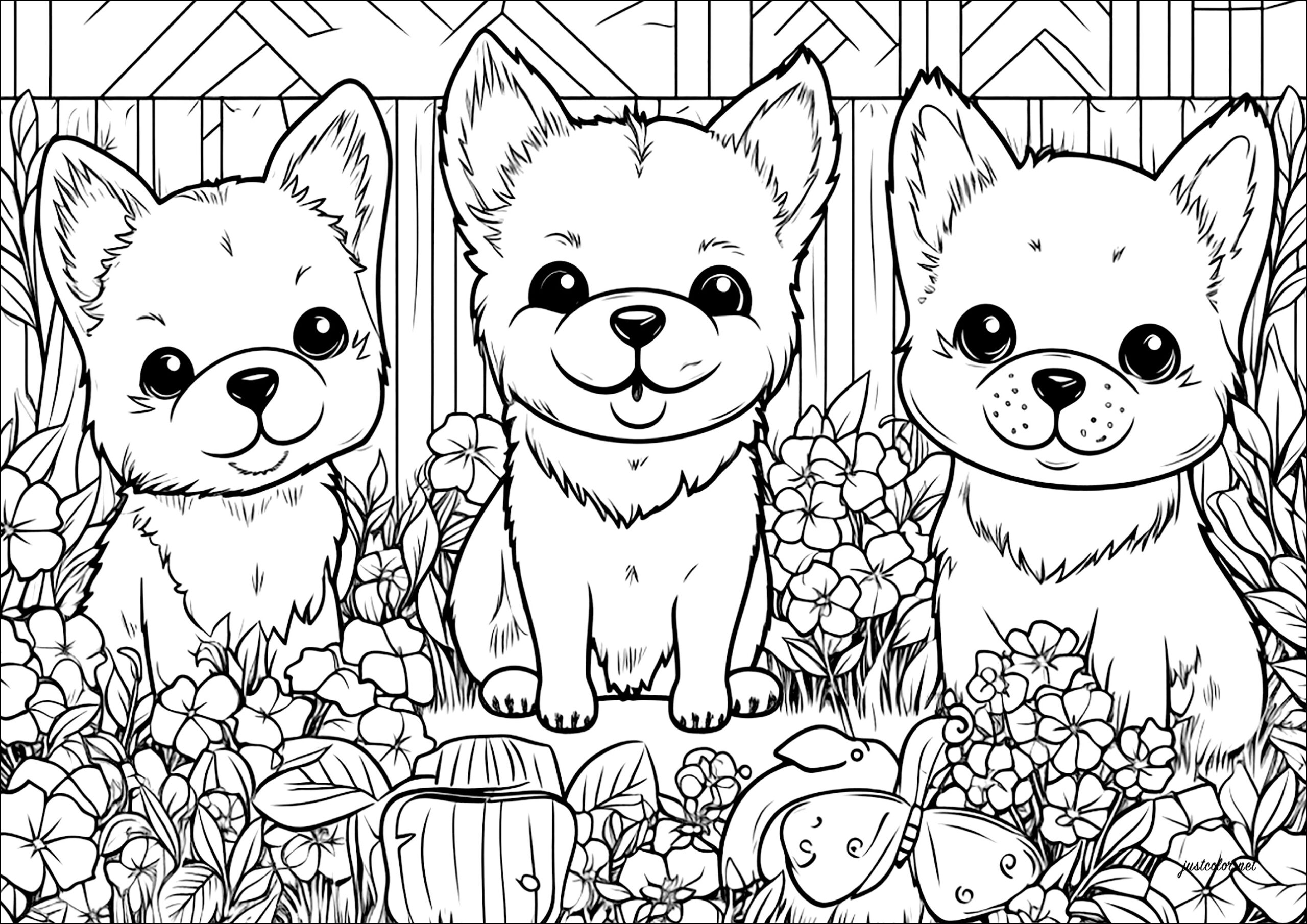 Three Little Dogs In A Flower Garden Dog Coloring Pages For Adults Three Little Dogs In A Flower Garden Dog Coloring Pages For Adults