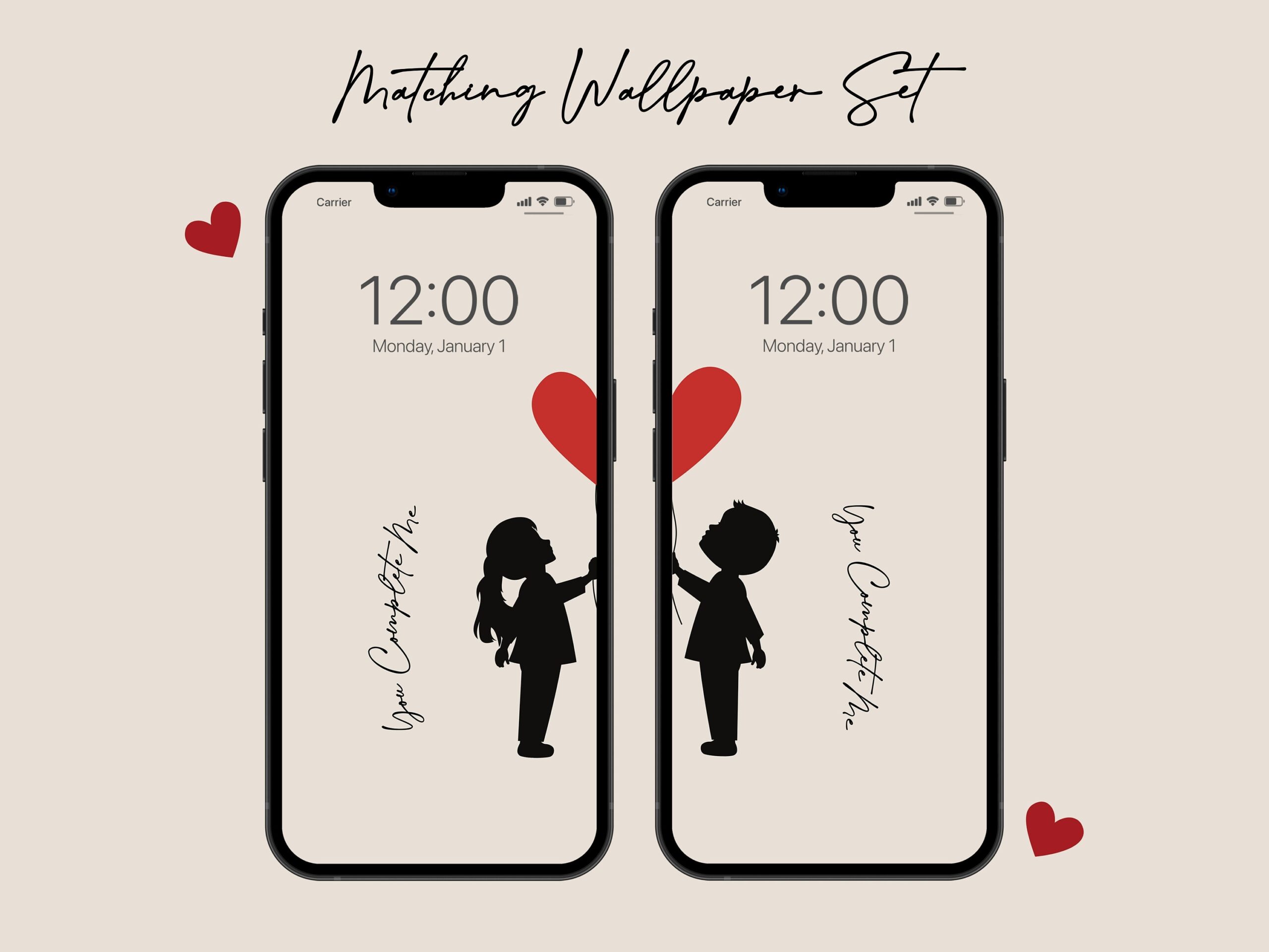 You Complete Me Matching Wallpaper Set Girl Boy Holding Heart Wallpaper Pair For Couples Valentine s Day Gift For Her Gift For Him Etsy